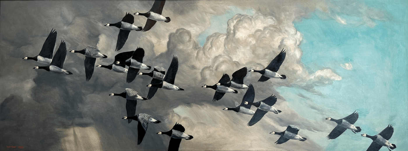 Barnacle Geese Against a Stormy Sky painting as background